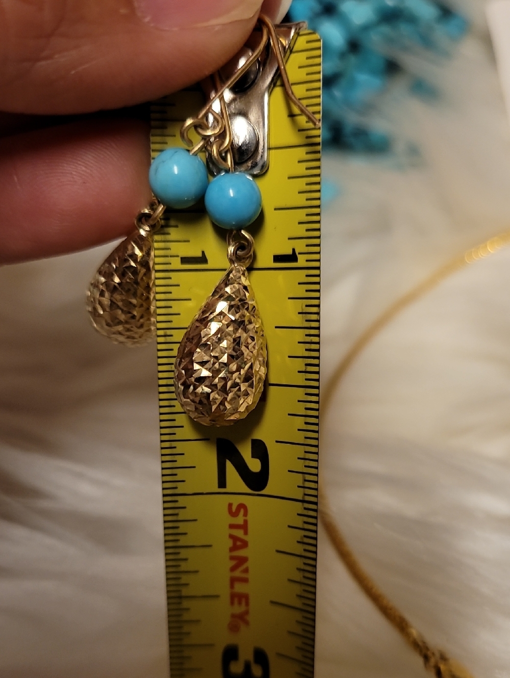14k Vintage Gold Teardrop & Turquoise Bead Dangle Earrings - Women Jewelry - Picture 3 of 4